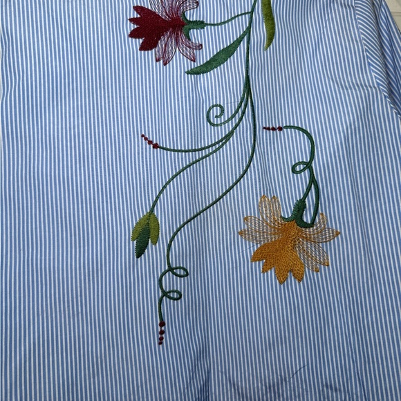 Zara Woman’s Embroidered Button Up Shirt Blue White Stripe Floral Bird XS Collar - Picture 7 of 9